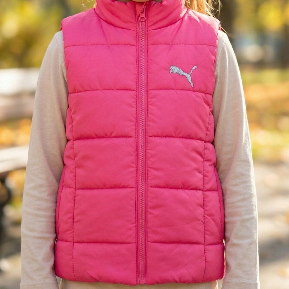 Puma Kids Pink Quilted Puffer Vest Silver Glitter Logo Full Zip Mock Neck 87819